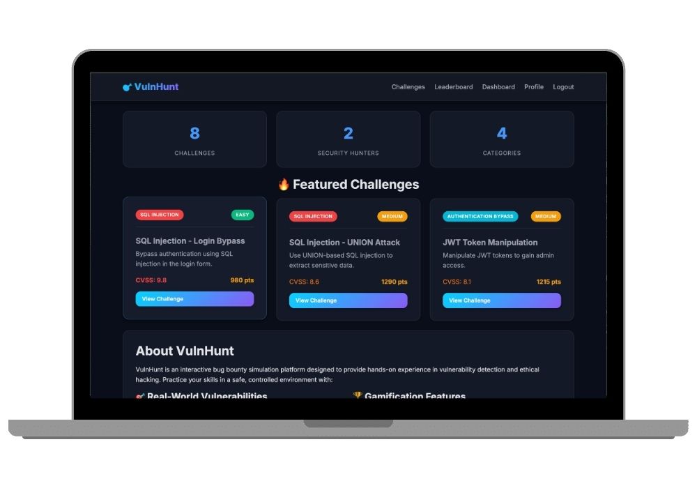 VulnHunt - Interactive Bug Bounty Simulation Platform for Ethical Hacking Training with Source Code
